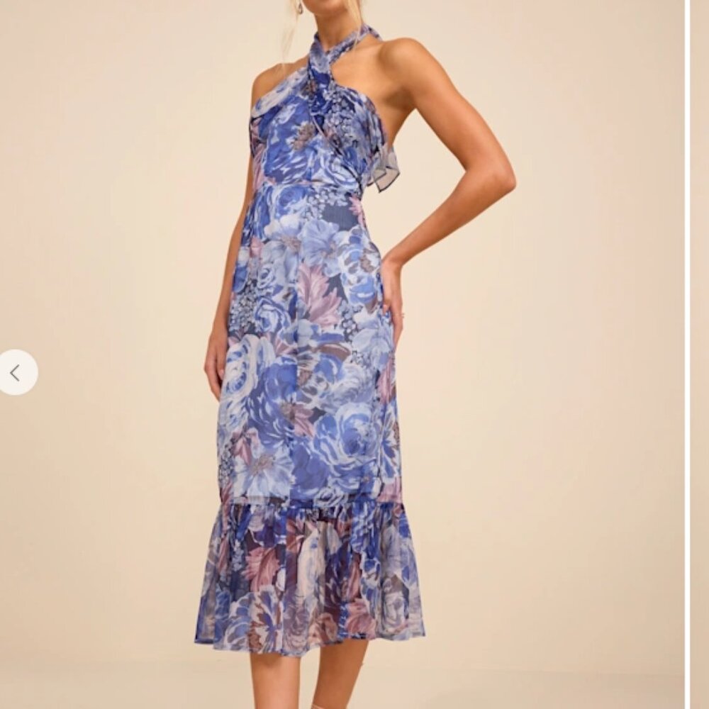 Juno Blue Multi Floral Halter Trumpet Midi Dress Lulus - LARGE only